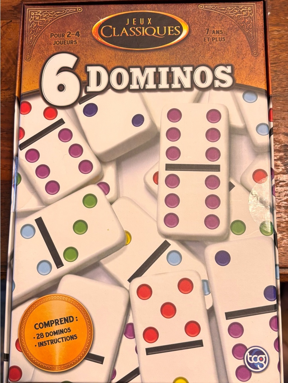 Classic 6 Dominoes Set - White Tiles with Red, Purple, Green, Blue & Orange Dots - Picture 2 of 2